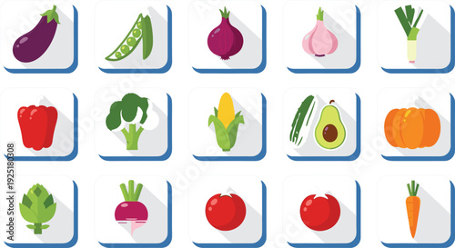 Flat Vegetable Icon Set Vector Illustration with Eggplant, Peas, Onion, Broccoli, Corn, Avocado, Pumpkin and More