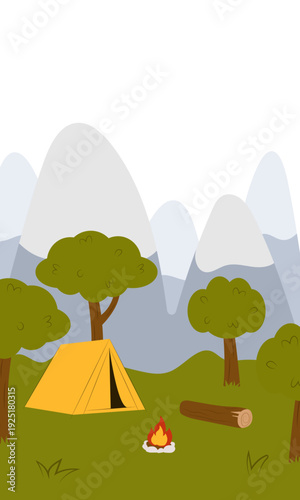 Flat vector illustration of camping outdoors. Mountains, campfire, tent, nature, camper, trees, coffee, backpack, guitar, kettle, boiler, tea, silence, calm, peace, marshmallows on fire