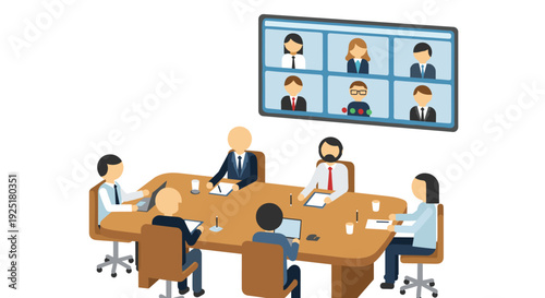 Business professionals meet around a conference table with a video call on a large screen in a meeting room.