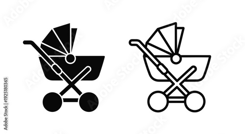 Two black and white icons depicting baby strollers in different styles