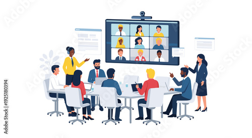 Diverse business professionals participate in a hybrid virtual meeting, collaborating and discussing around a conference table in a modern office.