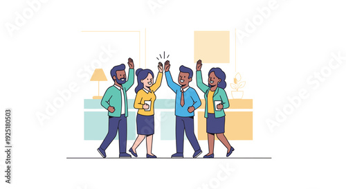 Four diverse business colleagues give high fives while walking and smiling, celebrating teamwork and success in an office.