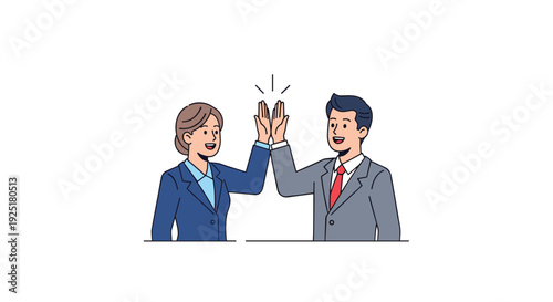 A businessman and a businesswoman give each other a high five, celebrating partnership and success with a friendly gesture.