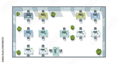 Overhead shot of a modern open-plan office showcasing multiple paired desks, computers, chairs, and potted plants.