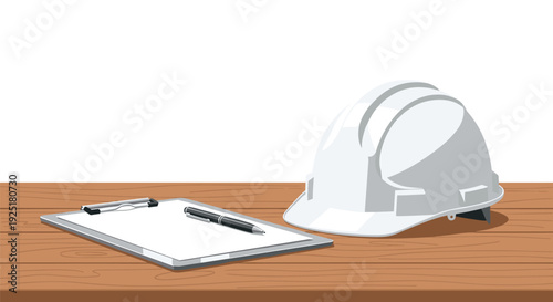 A white safety hard hat is placed next to a clipboard with a pen on a textured wooden table surface.
