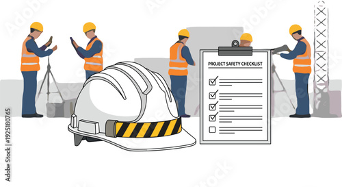 Construction workers are visible behind a foreground display of a hard hat and a safety checklist.