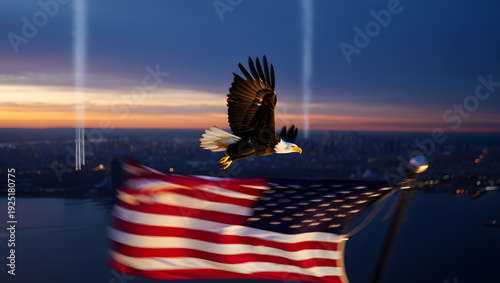 A majestic bald eagle soars above the American flag with the New York City skyline.