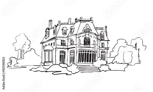Hand drawn French mansion sketch, vintage Victorian chateau with mansard roof, ornate facade, garden trees, European estate line art, black ink isolated on white