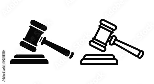 Two black silhouettes of gavels and sounding blocks represent legal justice