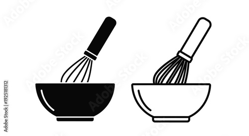 Black and white illustration of a whisk and bowl set