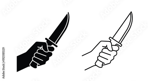 Two hands gripping knives one solid black and one outlined