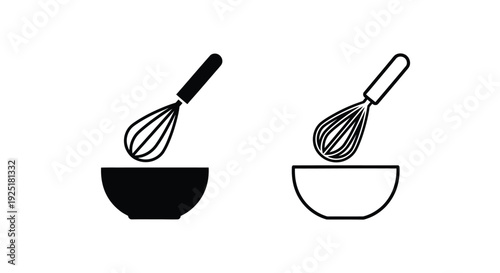 Black and white illustration of a whisk and bowl set