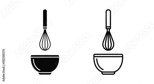 Two sets of kitchen tools a whisk and bowl in black and white