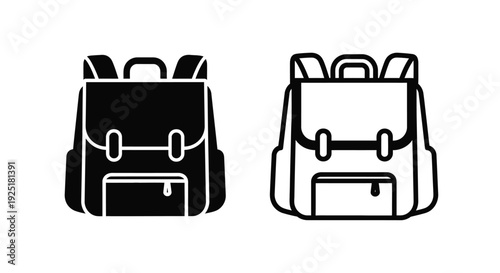 Two black and white line art illustrations of school backpacks