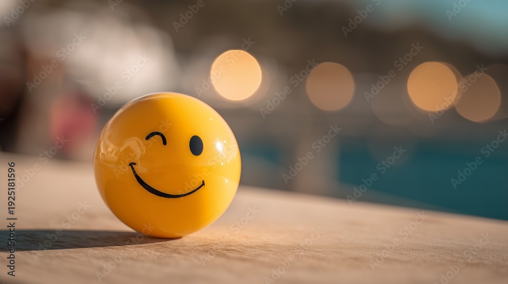 Yellow smiley face ball featuring a wink resting on light wood with golden hour bokeh lighting, concept for stress relief campaigns, positive branding messages and emotional well-being awareness