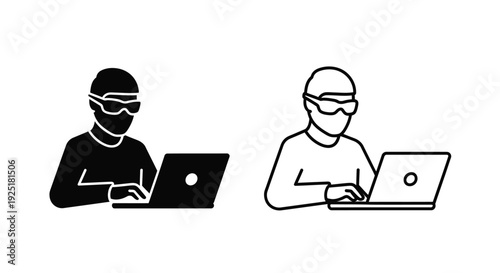 Two depictions of a hooded figure using a laptop computer