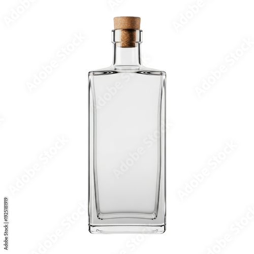 Empty clear glass bottle with cork stopper isolated on transparent background