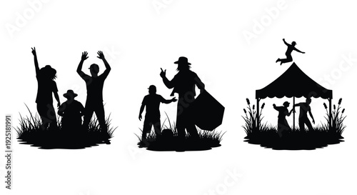 Silhouettes of people enjoying outdoor activities and celebrating in a grassy field