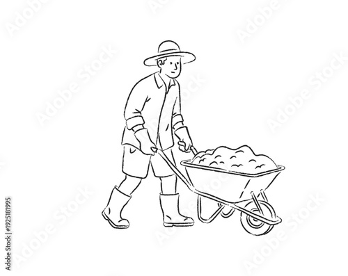 Minimalist line art illustration of a male gardener or farmer in a sun hat pushing a wheelbarrow filled with soil, isolated on a white background.