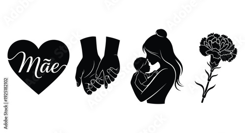 Motherhood symbols: heart with 'Mãe', holding hands, mother and child silhouette, and carnation flower
