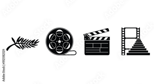 Collection of film industry icons including a laurel branch, film reel, clapperboard, and film strip with stairs
