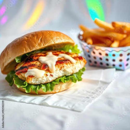 Professional food photography of a tasty burger combo with scattered herbs and fries
