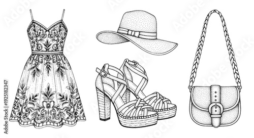 Elegant fashion ensemble: dress, hat, sandals, and handbag illustration