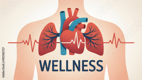 Wellness concept with human torso heart and lungs ecg line on a beige background