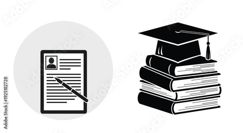 Graduation cap on books and resume with pen, symbolizing education and career development