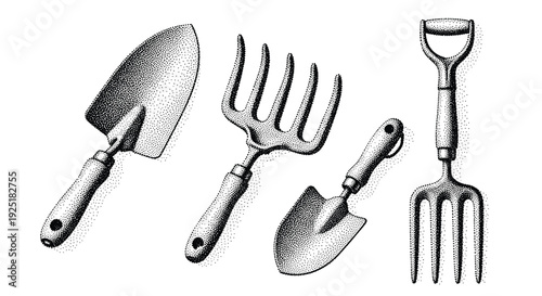 Collection of vintage gardening tools rendered in a stippled black and white illustration style