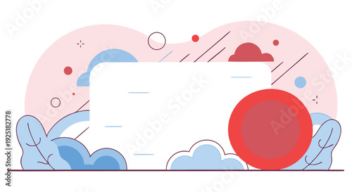 Blank white tablet with red circle and abstract pastel shapes background