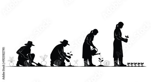 Silhouettes of people gardening, planting and watering crops in a field