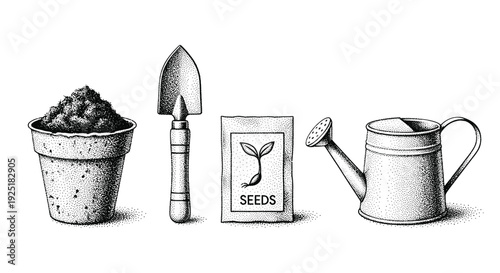 Gardening tools and supplies for planting seeds in a pot with soil and watering can