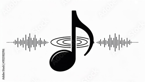 Vector illustration of a black eighth note musical symbol with sound wave on white background representing music and audio concept