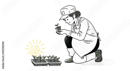 Gardener carefully examines a small potted seedling with a sun symbol and seedlings in trays