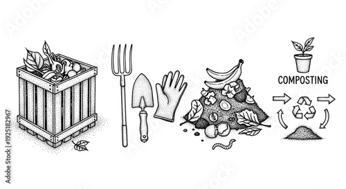 Composting process illustration with organic waste, tools, and recycling symbol
