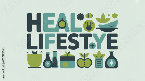 Healthy lifestyle typographic illustration with fruit herbs and wellness symbols on green background