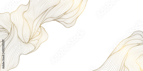 Elegant gold line pattern with abstract waves, delicate floral leaves on white. Luxury vector background illustration, Japanese ornament, art deco style, wedding card, wine label, premium packaging