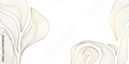 Elegant gold line pattern with abstract waves, delicate floral leaves on white. Luxury vector background illustration, Japanese ornament, art deco style, wedding card, wine label, premium packaging