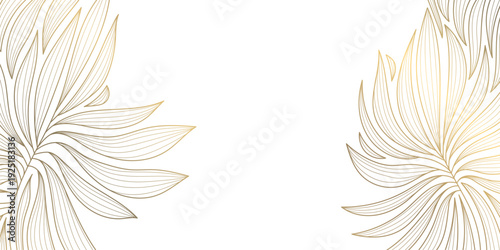 Elegant gold line pattern with abstract waves, delicate floral leaves on white. Luxury vector background illustration, Japanese ornament, art deco style, wedding card, wine label, premium packaging