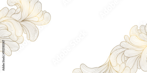 Elegant gold line pattern with abstract waves, delicate floral leaves on white. Luxury vector background illustration, Japanese ornament, art deco style, wedding card, wine label, premium packaging