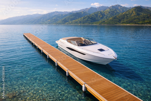Luxury motorboat moored at a wooden pier on crystal clear lake with mountain backdrop. Peaceful summer travel scene with turquoise water, blue sky and scenic nature landscape.