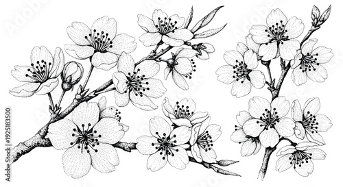 Delicate stippled illustration of cherry blossom branches with blooming flowers and buds