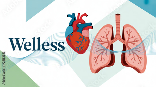 Anatomical illustration of human heart and lungs with trachea on a geometric background for health and wellness concepts