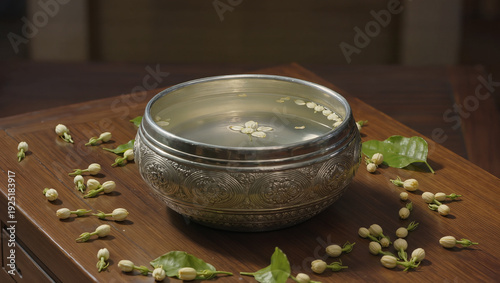 Thai traditional silver water bowl with jasmine flowers on wooden table, Songkran festival and Thai spa concept