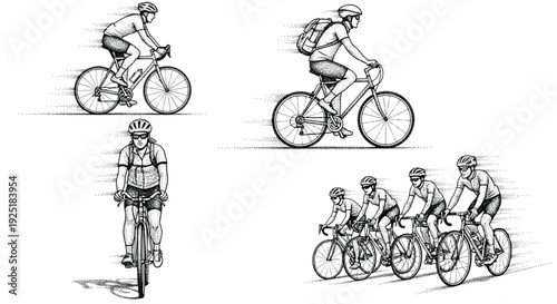 Diverse cyclists in motion, from solo riders to a peloton, depicted in a stippled illustration style