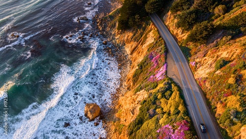Aerial Coastal Cliffside Road at Golden Hour with Ocean Waves and Wildflowers, Cinematic Panoramic Landscape Photography