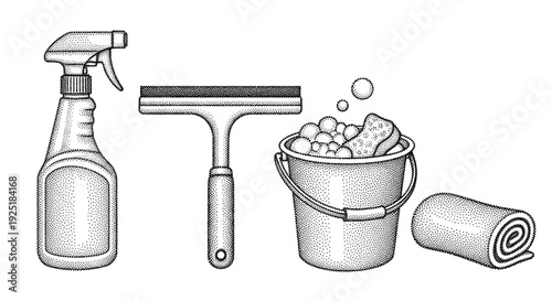 Cleaning supplies including spray bottle, squeegee, bucket with sponge and rolled towel