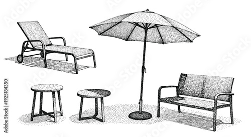 Outdoor patio furniture set with chaise lounge, bench, tables, and umbrella