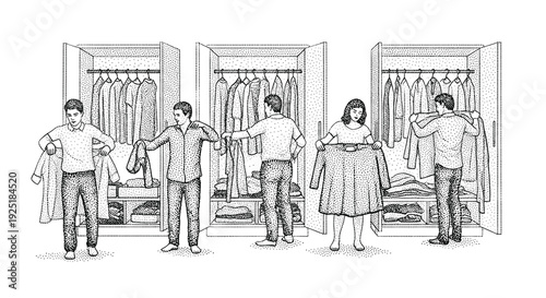 People choosing outfits from their organized wardrobes, selecting clothes for the day